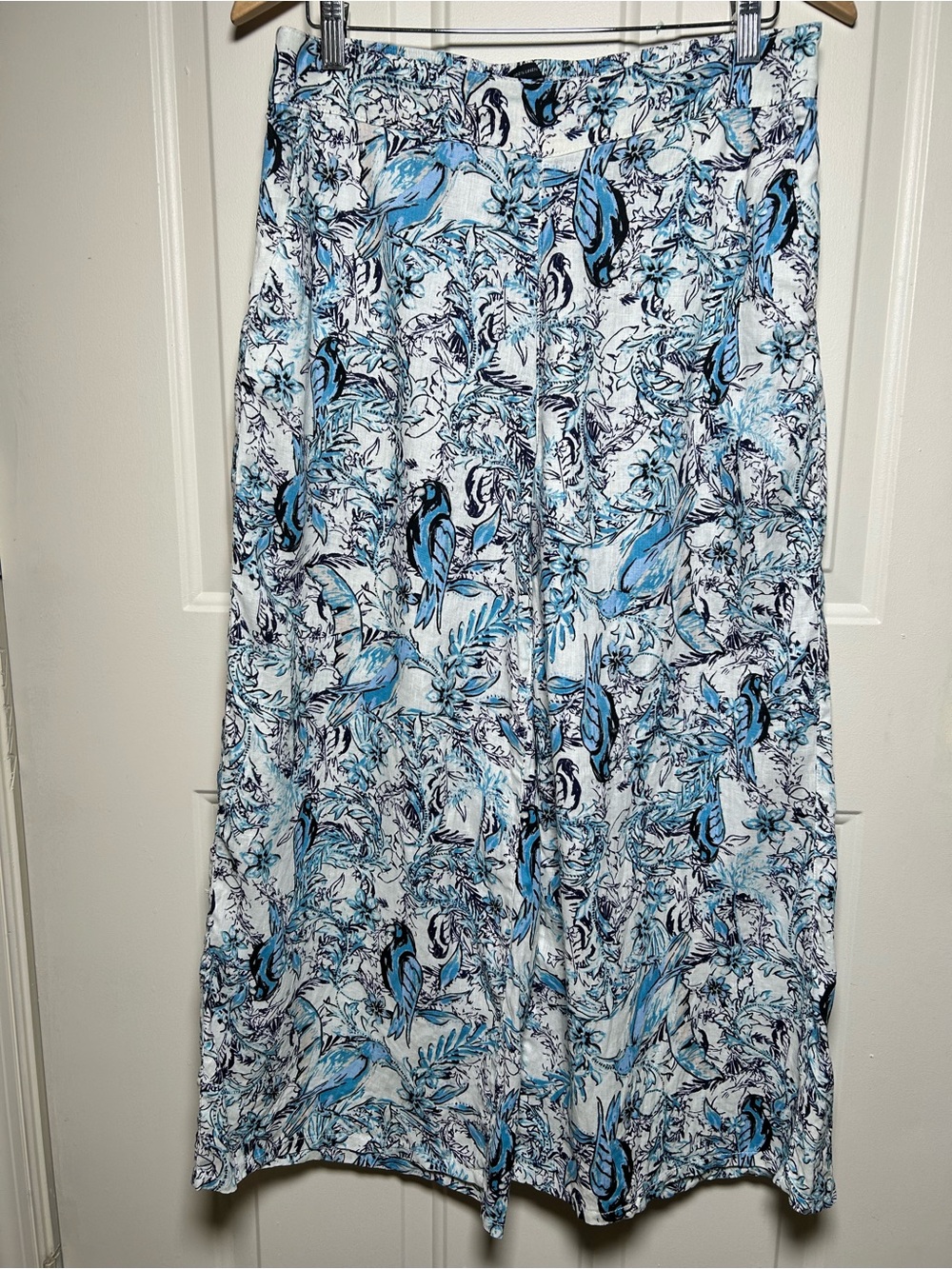 Tahari Women's Linen Wide-Leg Pants Blue Bird Floral Print Pockets 27" Inseam